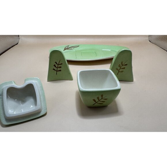 Carlton Ware Cruet Set on Tray Hazelnut 2330 Rare Green Gloss - Picture 5 of 9